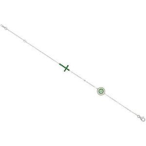 Sterling Silver CZ Green Cross Evil Eye Bracelet